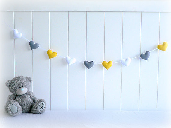 grey-yellow-white heart bunting/garland